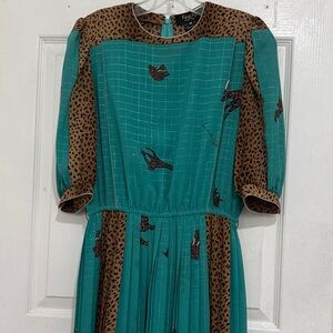 Vintage 80s Teal and Brown Patterned Dress Full Lining. Size M